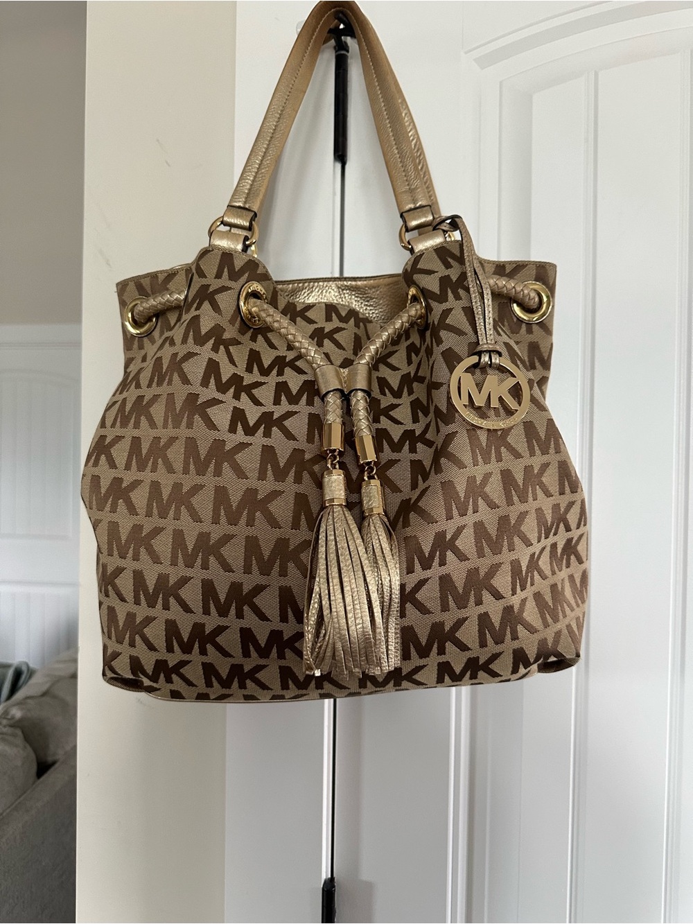 Michael Kors Tan/Brown MK Logo Drawstring Shoulder Bag with Tassels